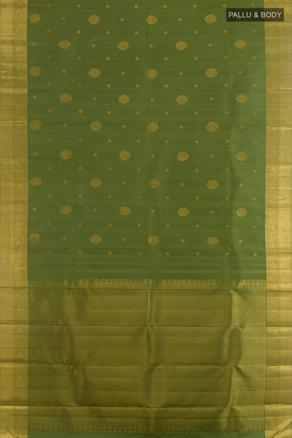 Flat view of Pure Silk Mehandi Green Kanjivaram Saree with Zari Butta on the body and Zari Border. 