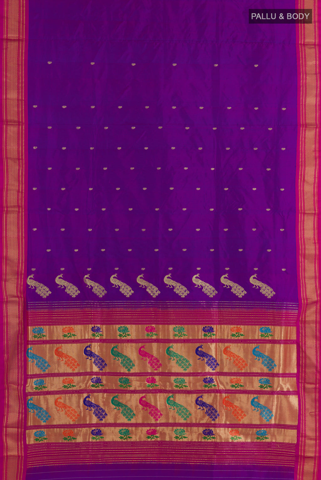 Flat view of Pure Silk Purple Paithani Saree with Zari Butta on the body and Zari Border. 