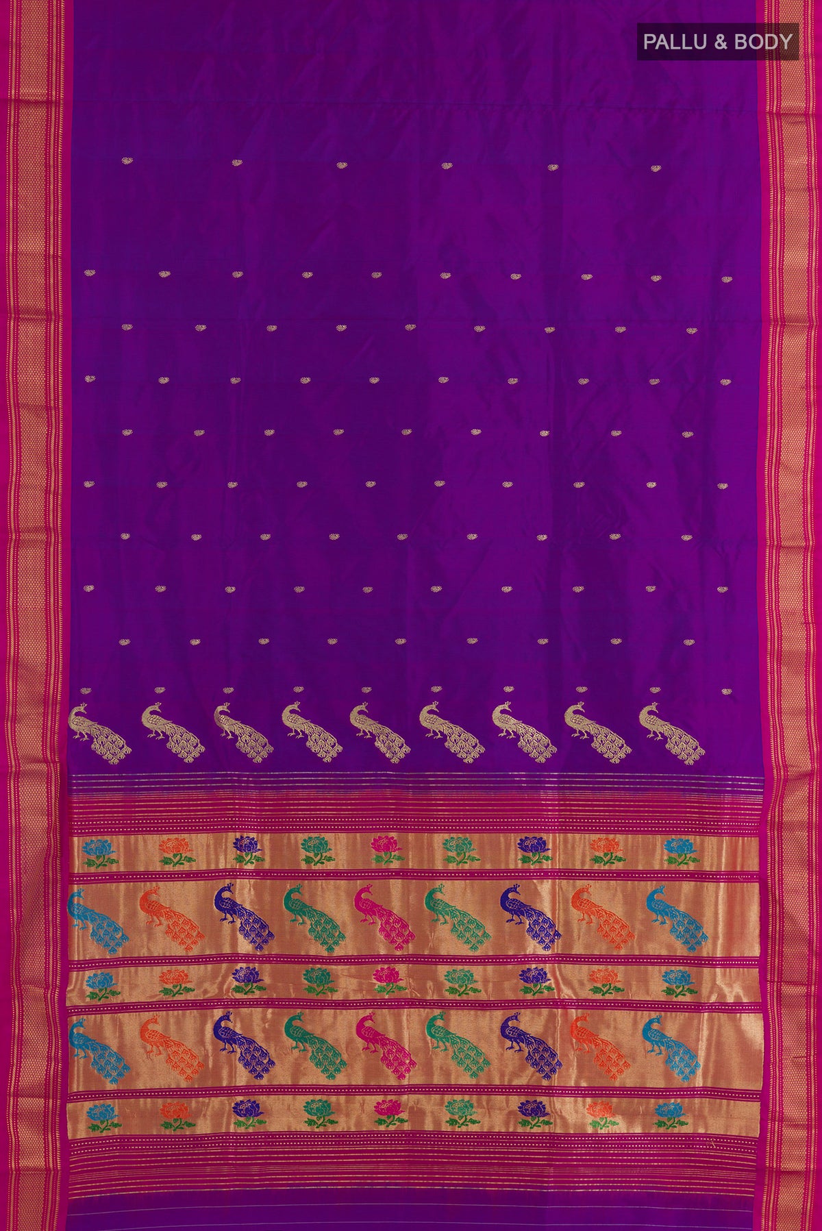 Flat view of Pure Silk Purple Paithani Saree with Zari Butta on the body and Zari Border. 