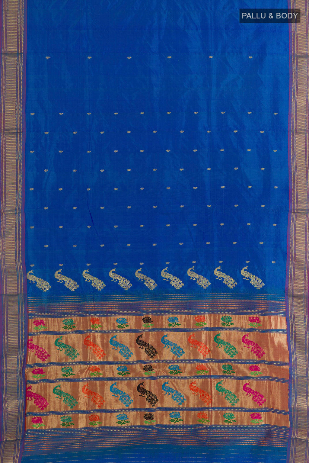 Flat view of Pure Silk Royal Blue Paithani Saree with Zari Butta on the body and Zari Border. 