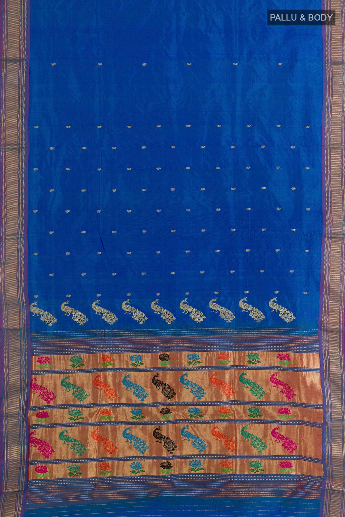 Flat view of Pure Silk Royal Blue Paithani Saree with Zari Butta on the body and Zari Border. 
