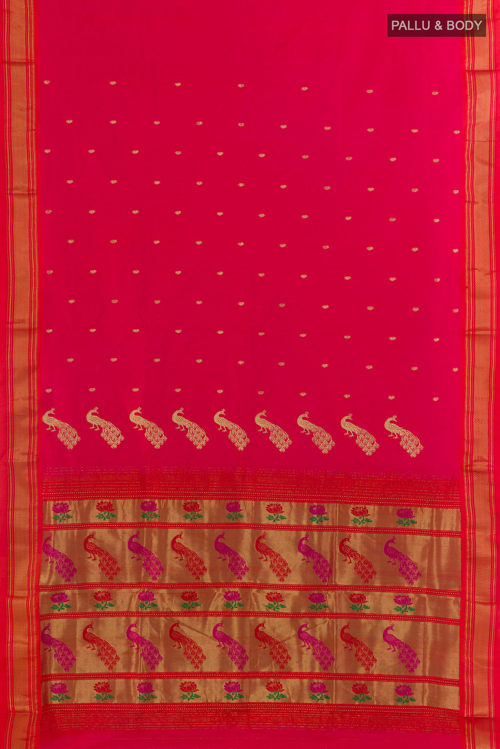 Flat view of Pure Silk Pink Paithani Saree with Zari Butta on the body and Zari Border. 