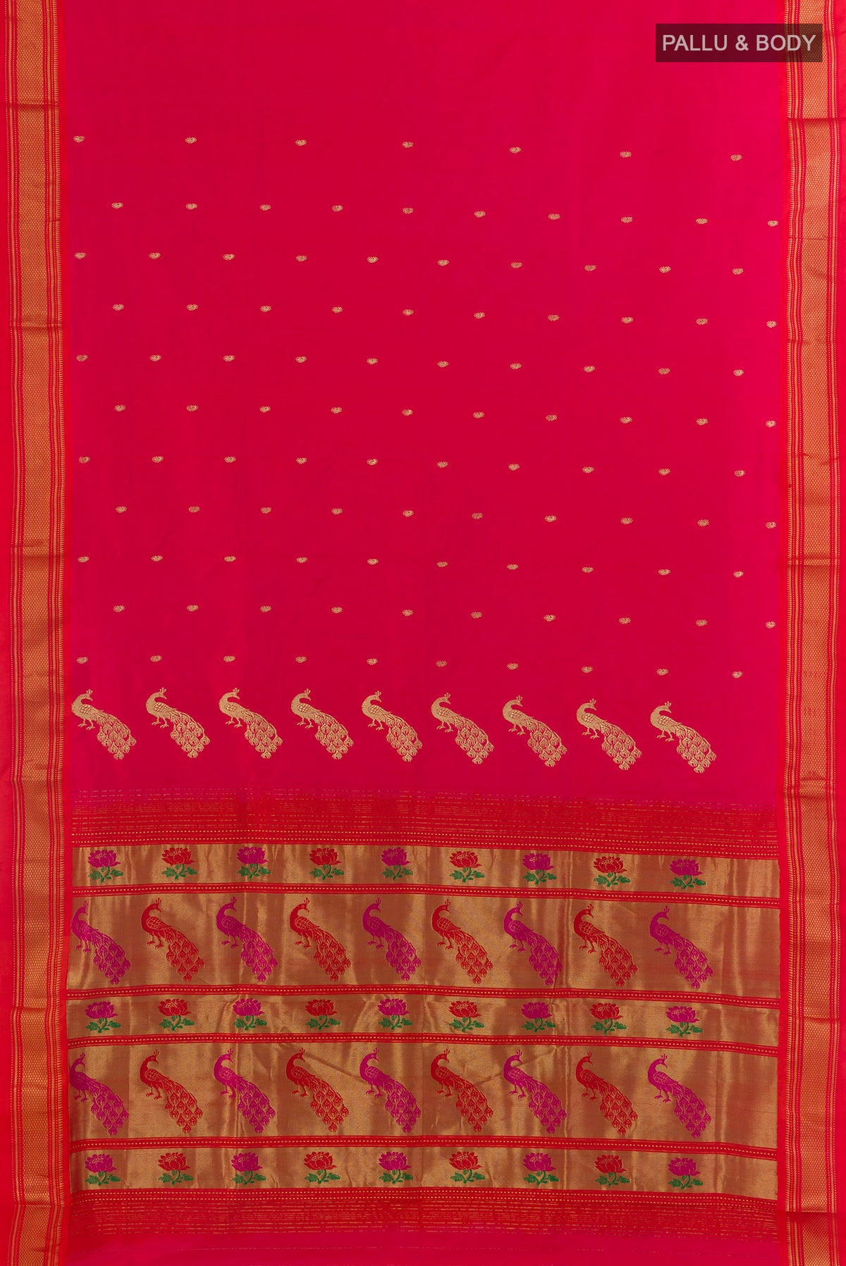 Flat view of Pure Silk Pink Paithani Saree with Zari Butta on the body and Zari Border. 