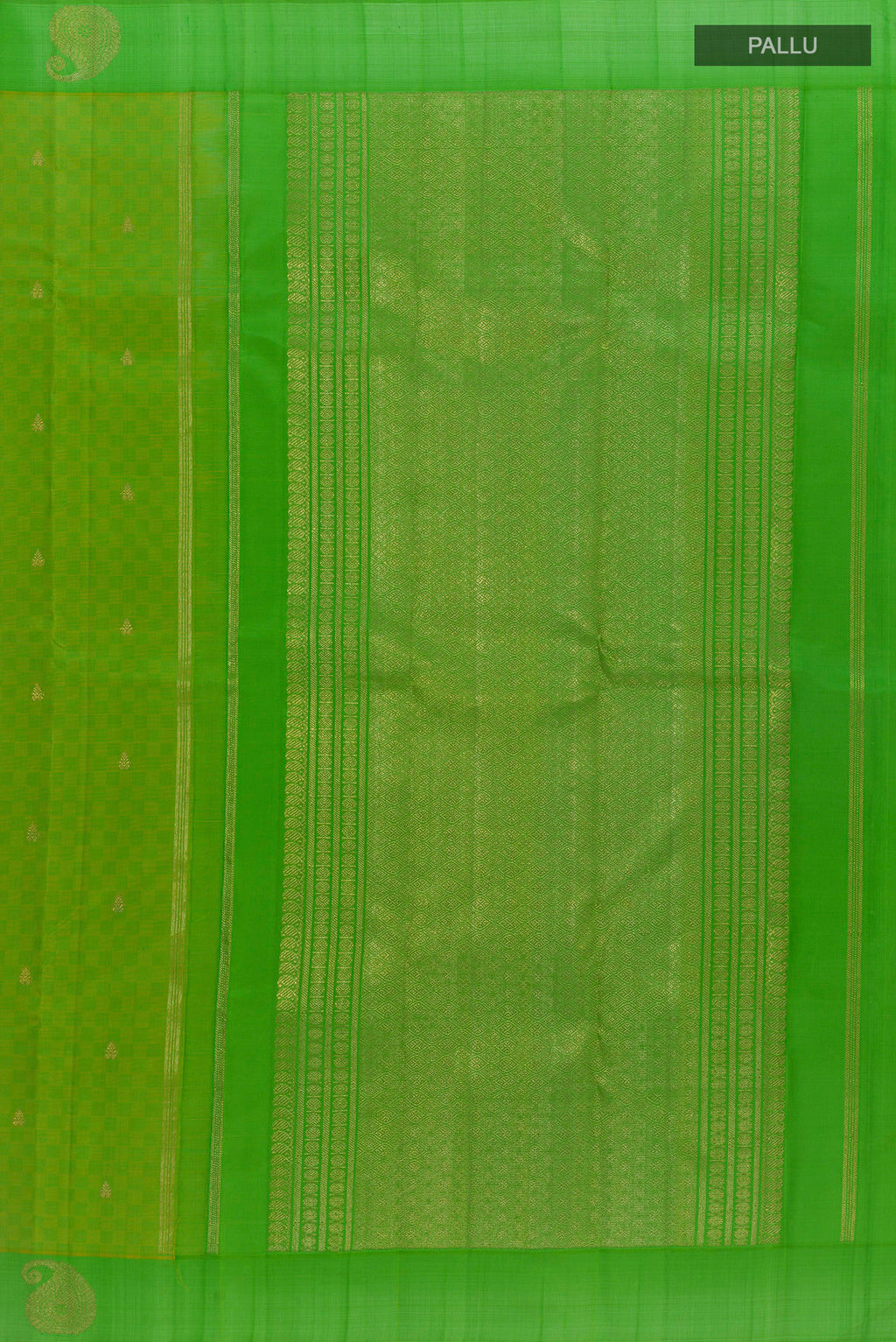 Close up image of the pallu of Pure Silk Parrot Green Kanchipuram Saree with Zari Butta on the body and Zari Border. 