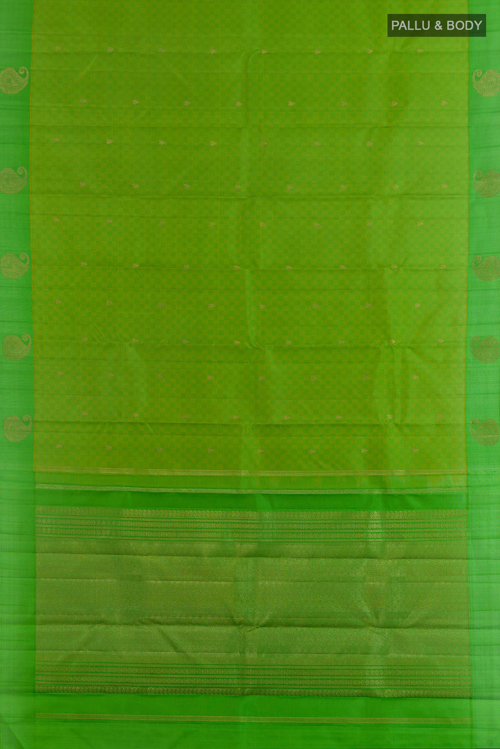 Flat view of Pure Silk Parrot Green Kanchipuram Saree with Zari Butta on the body and Zari Border. 