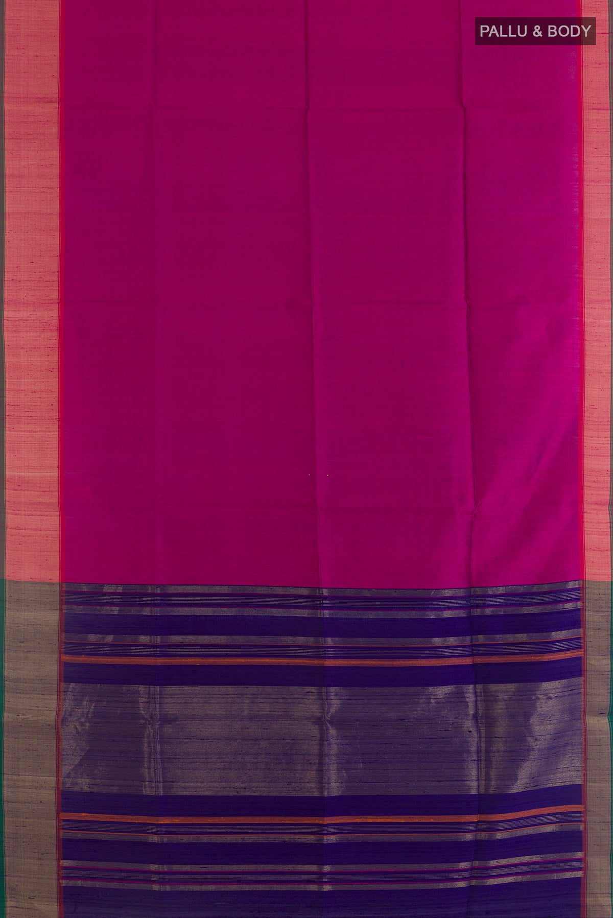 Flat view of Pure Silk Dark Pink Raw Saree with Plain Body and Zari Border. 