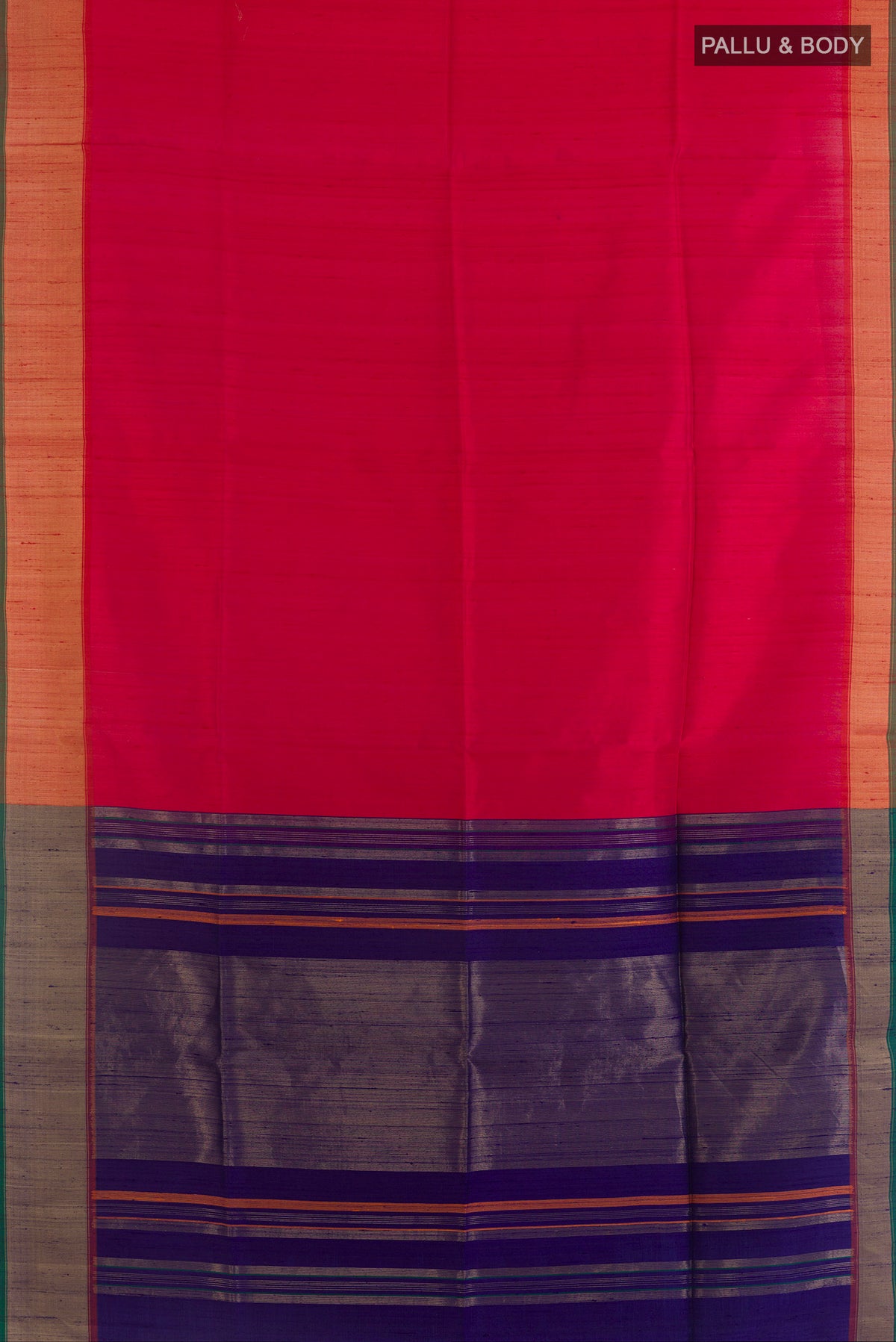 Flat view of Pure Silk Red Raw Saree with Plain Body and Zari Border. 
