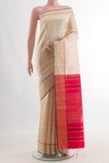 Pure Silk Cream Raw Saree with Plain Body and Zari Border.  displayed on a mannequin