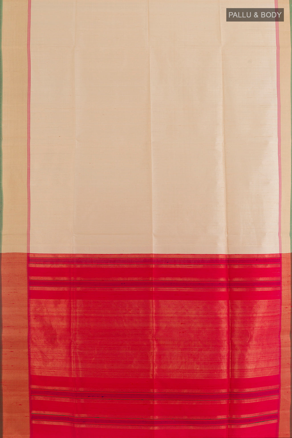 Flat view of Pure Silk Cream Raw Saree with Plain Body and Zari Border. 
