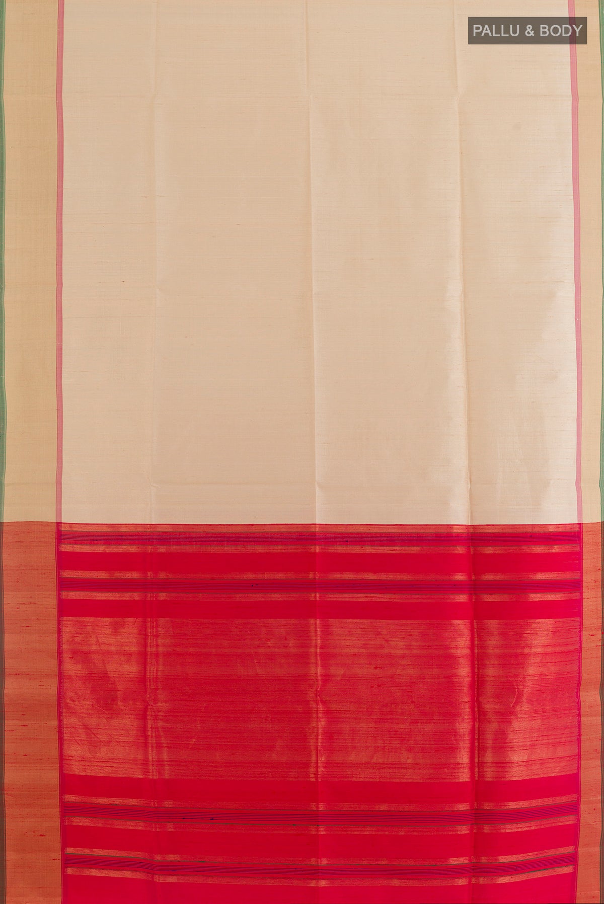 Flat view of Pure Silk Cream Raw Saree with Plain Body and Zari Border. 