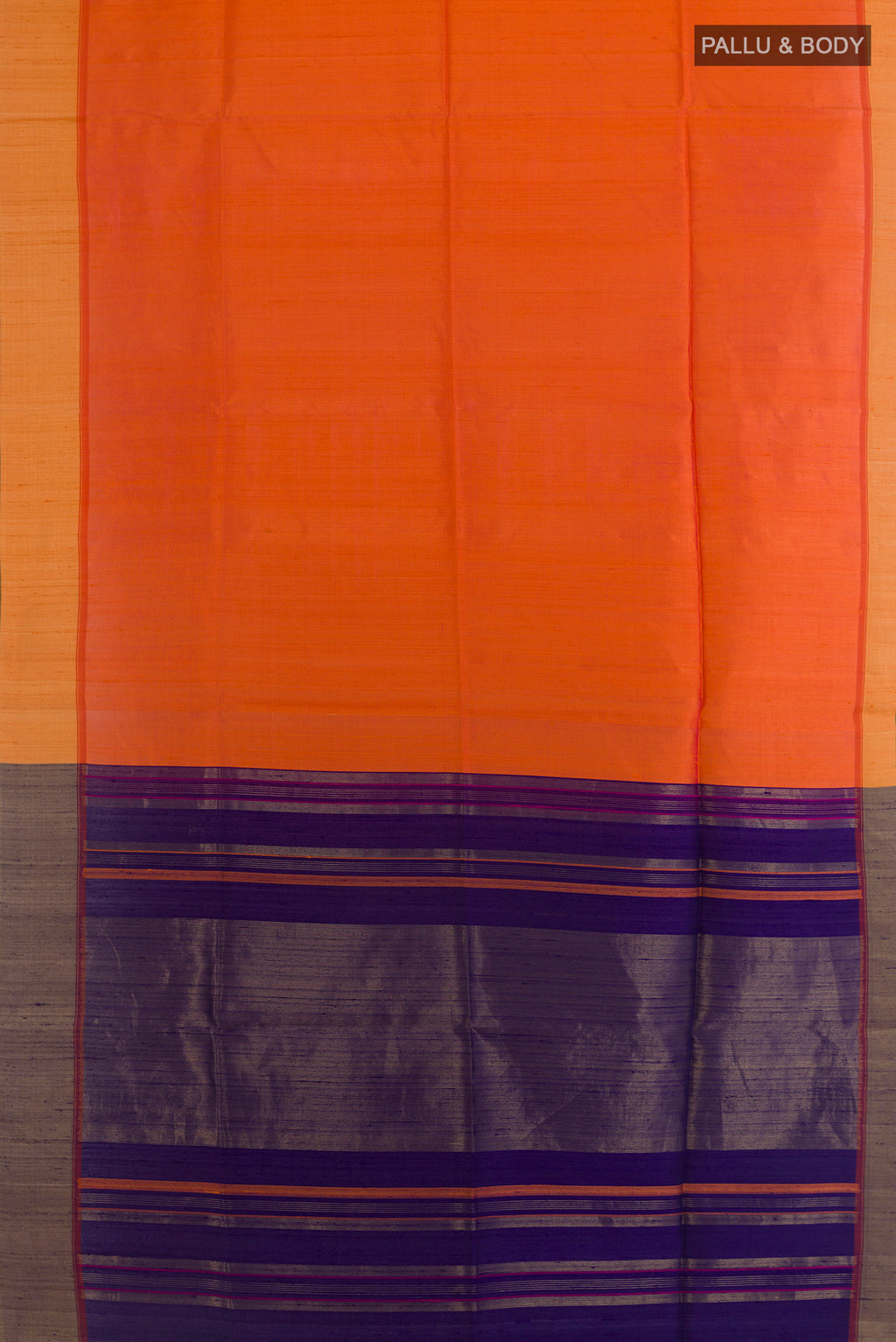 Flat view of Pure Silk Orange Soft Saree with Plain Body and Zari Border. 