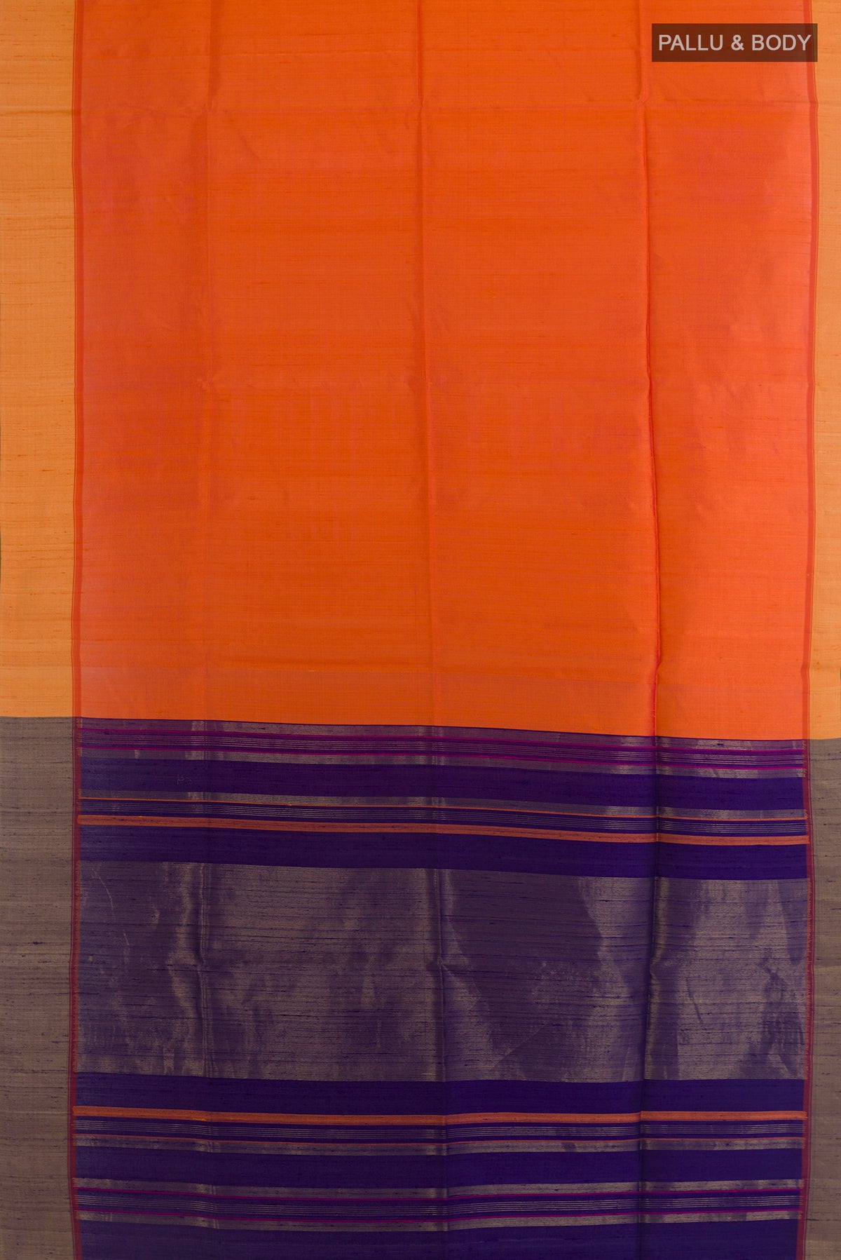 Flat view of Pure Silk Orange Soft Saree with Plain Body and Zari Border. 