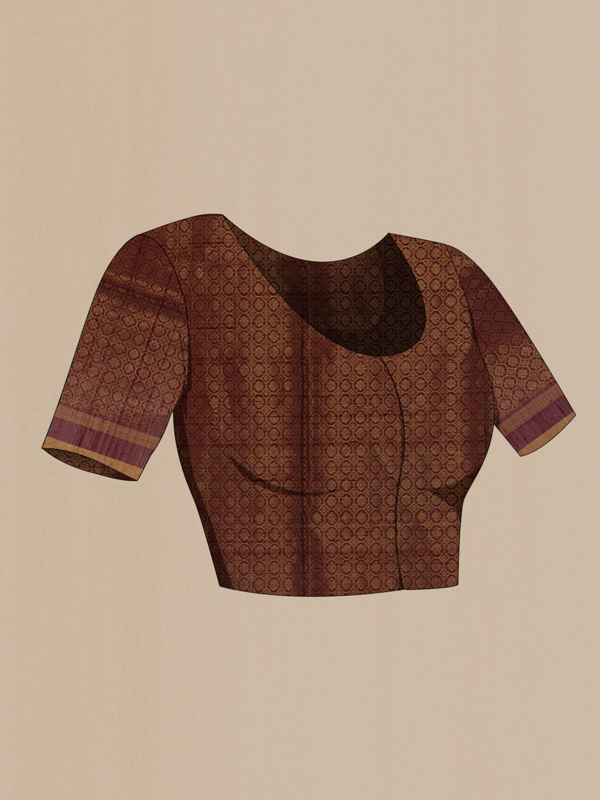 Close up image of the blouse of Pure Silk Brown Raw Saree with Stripes on the body and Zari Border. 