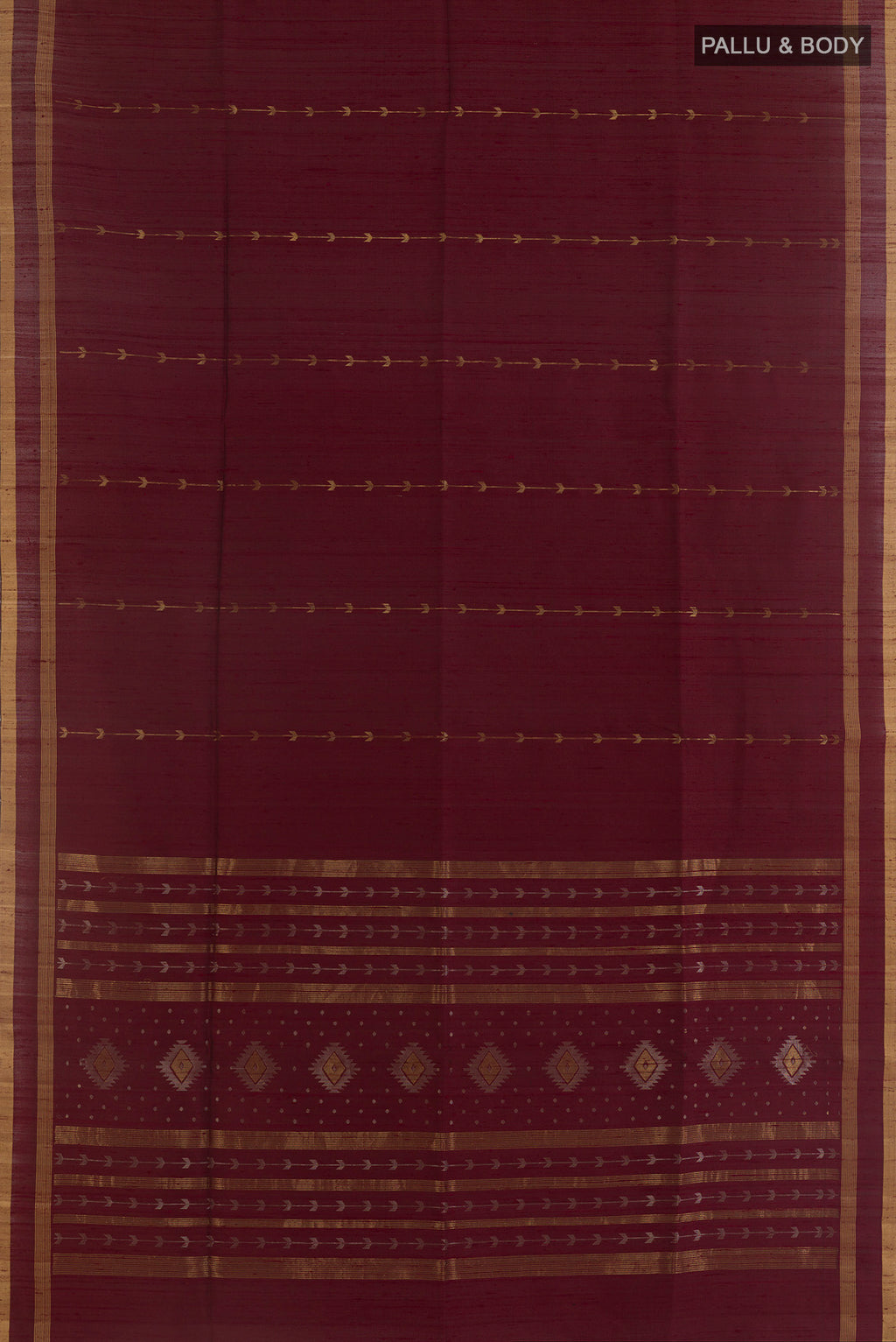 Flat view of Pure Silk Brown Raw Saree with Stripes on the body and Zari Border. 