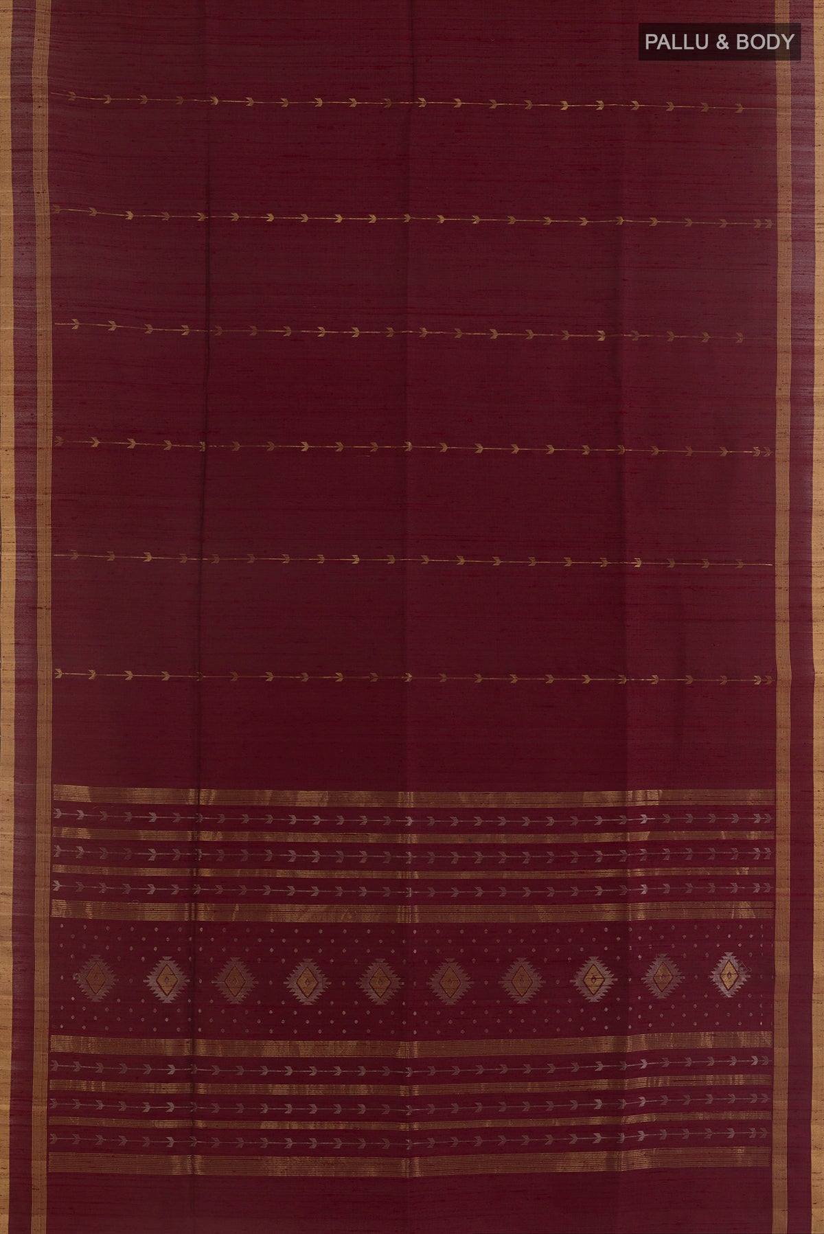 Flat view of Pure Silk Brown Raw Saree with Stripes on the body and Zari Border. 