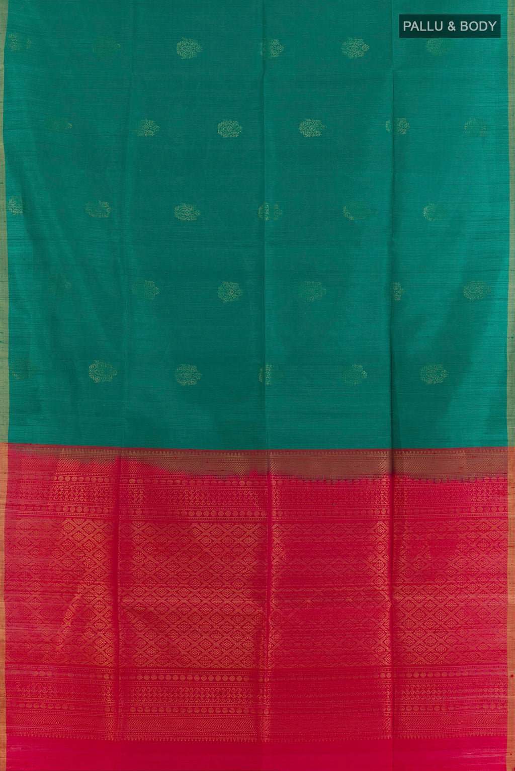 Flat view of Pure Silk Sea Green Raw Saree with Zari Butta on the body and Zari Border. 