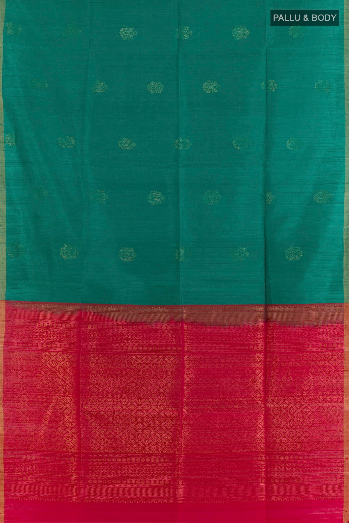 Flat view of Pure Silk Sea Green Raw Saree with Zari Butta on the body and Zari Border. 
