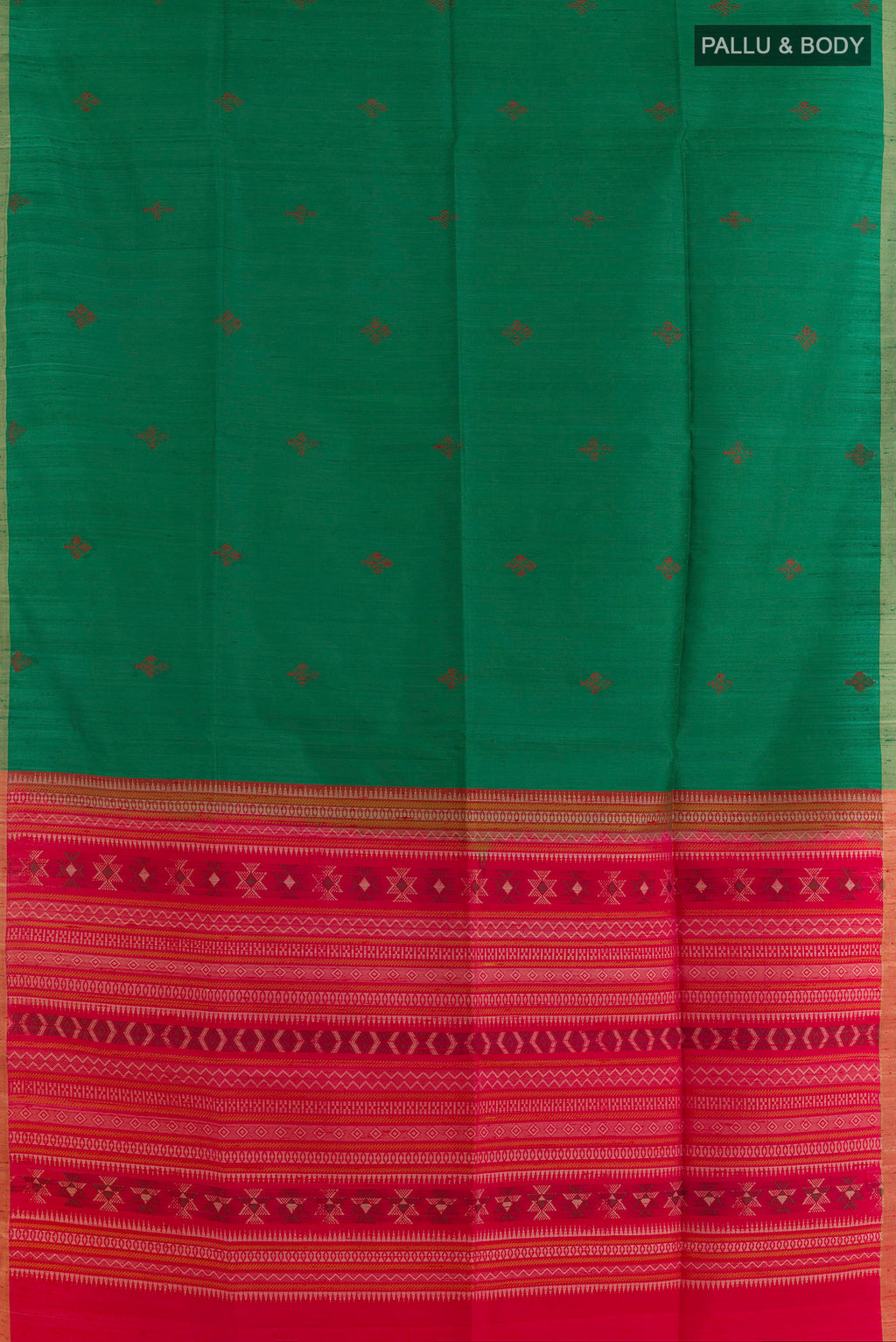 Flat view of Pure Silk Green Raw Saree with Thread Butta on the body and Zari Border. 