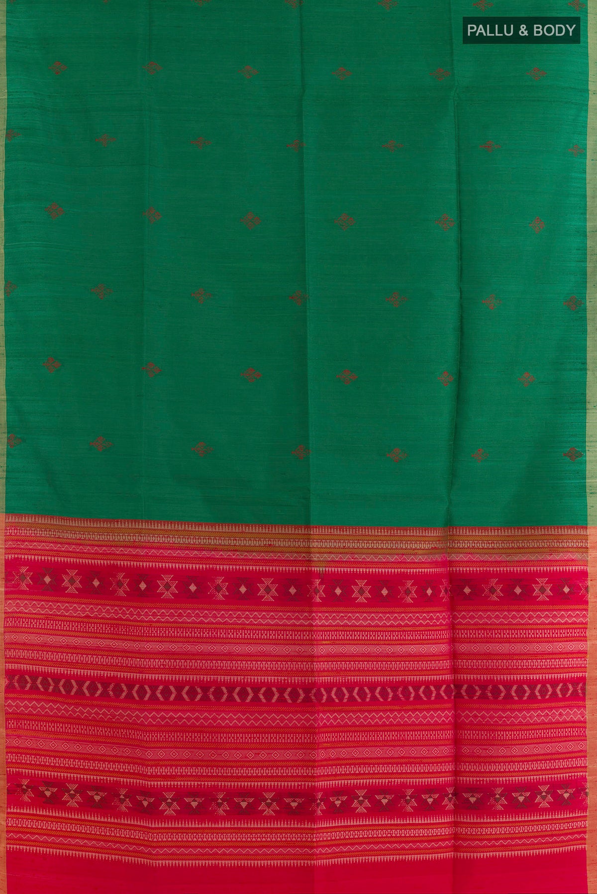 Flat view of Pure Silk Green Raw Saree with Thread Butta on the body and Zari Border. 