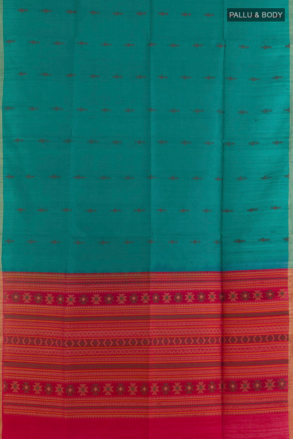 Flat view of Pure Silk Sea Green Raw Saree with Thread Butta on the body and Zari Border. 
