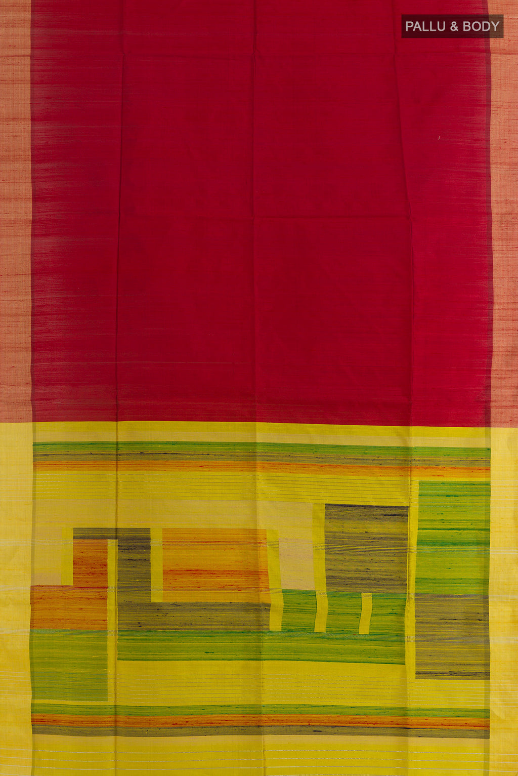 Flat view of Pure Silk Red Raw Saree with Plain Body and Zari Border. 