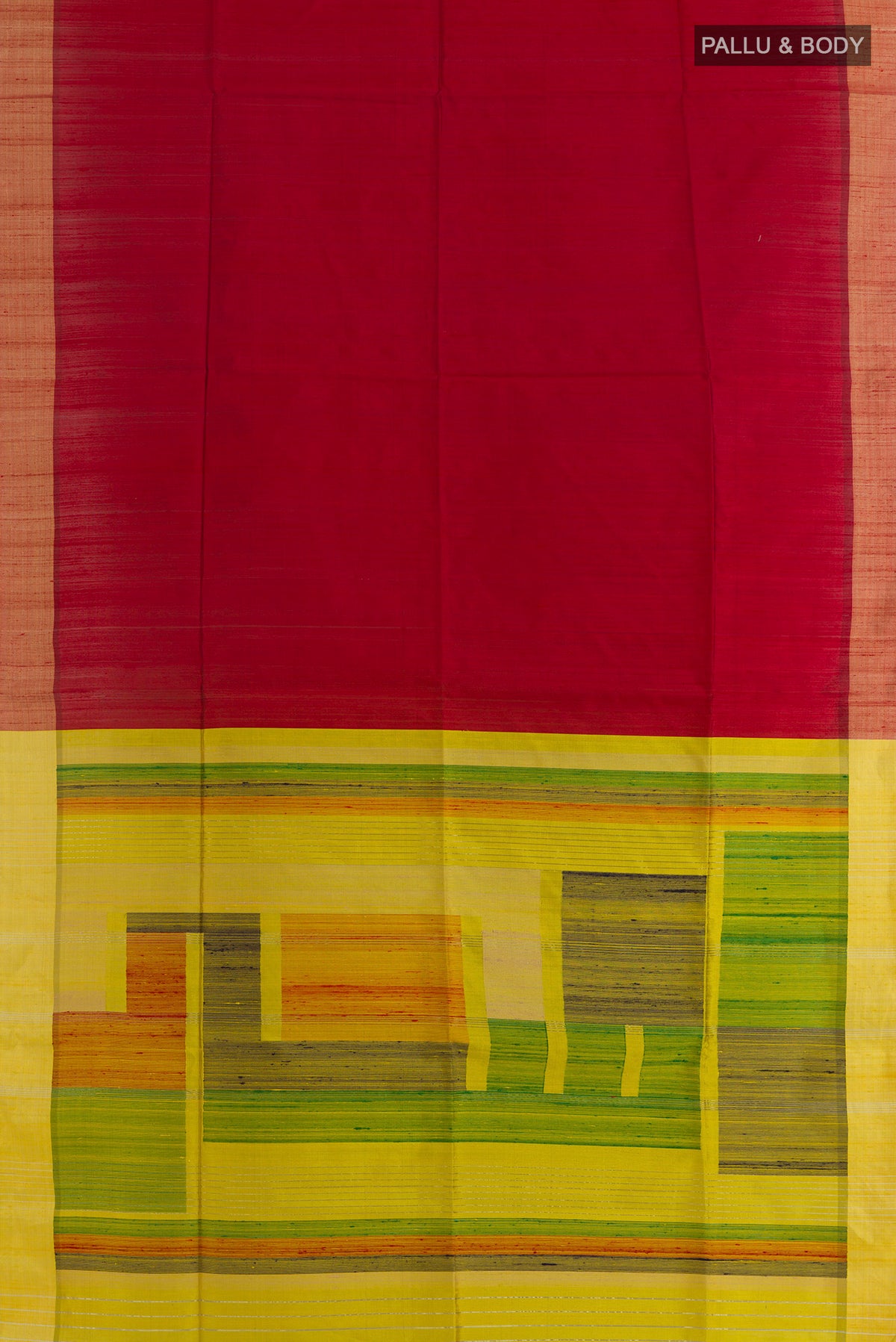 Flat view of Pure Silk Red Raw Saree with Plain Body and Zari Border. 