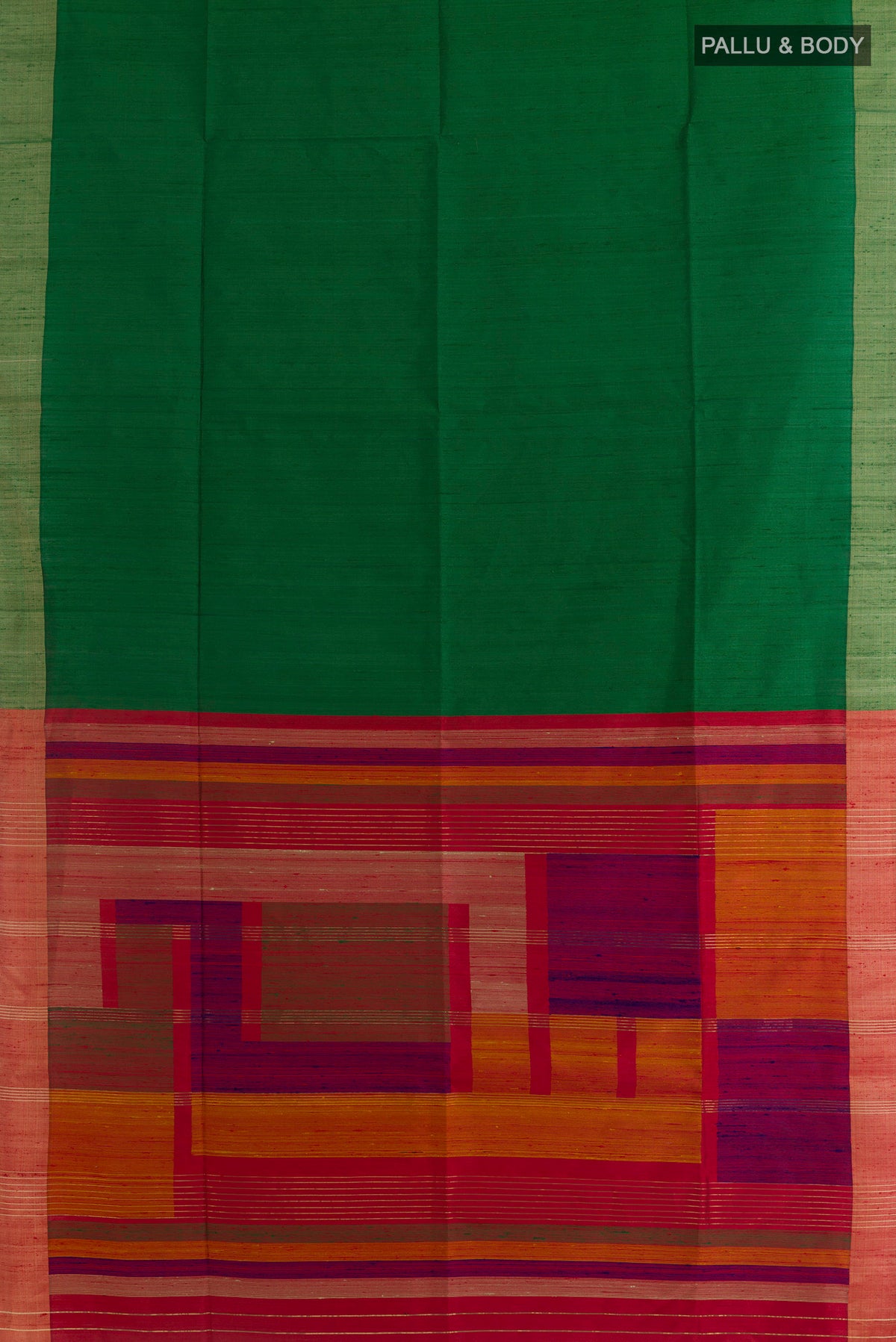 Flat view of Pure Silk Green Raw Saree with Plain Body and Zari Border. 