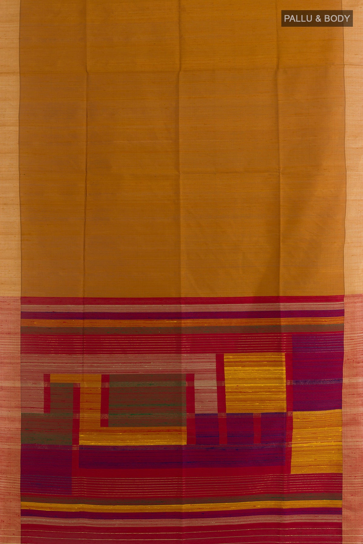 Flat view of Pure Silk Mustard Raw Saree with Plain Body and Zari Border. 