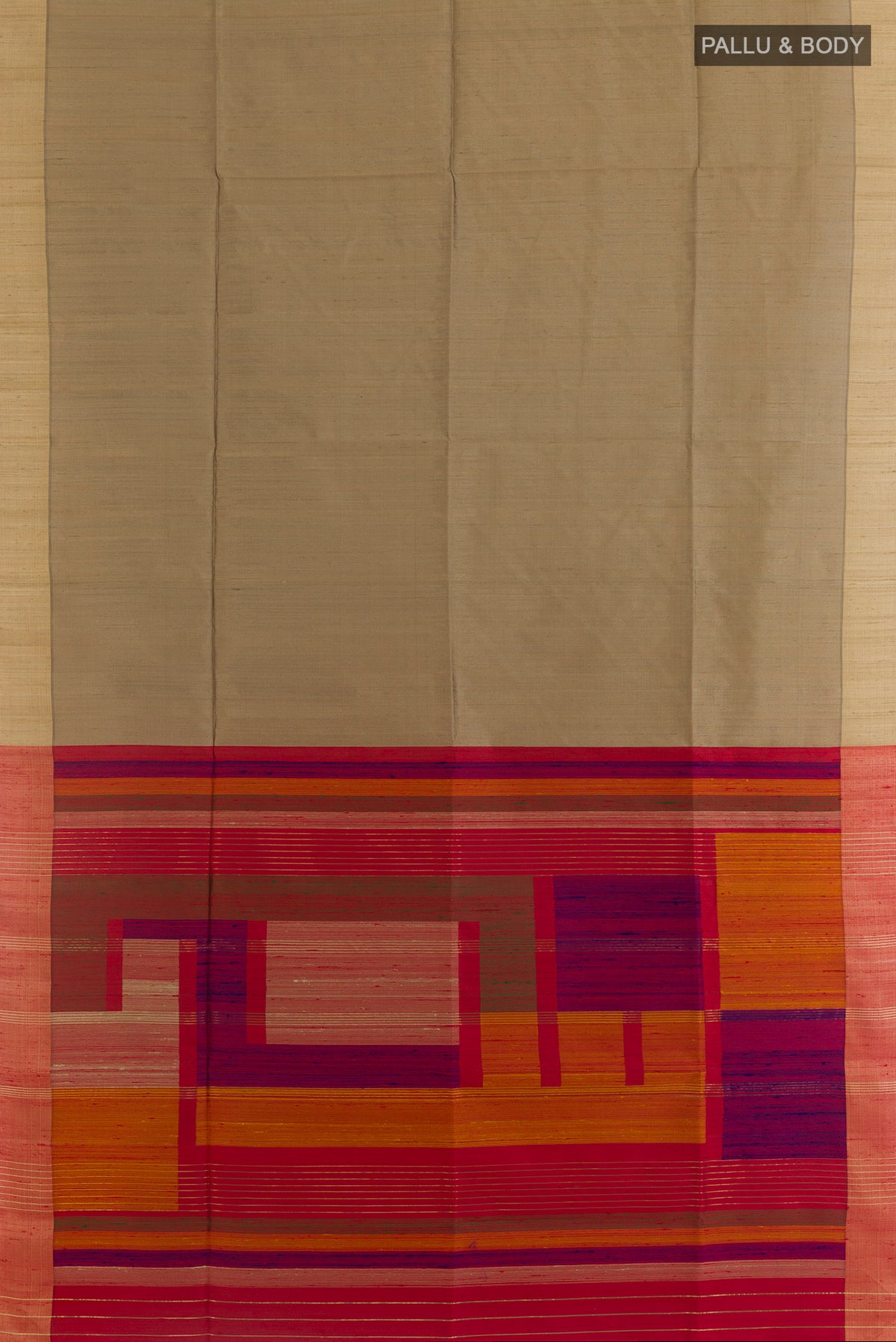 Flat view of Pure Silk Beige Raw Saree with Plain Body and Zari Border. 
