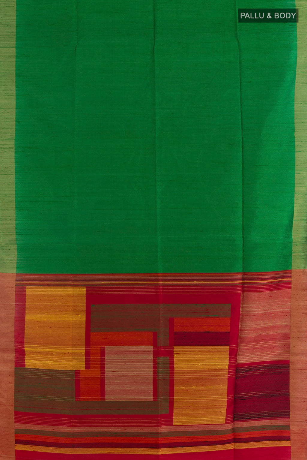 Flat view of Pure Silk Green Raw Saree with Plain Body and Zari Border. 