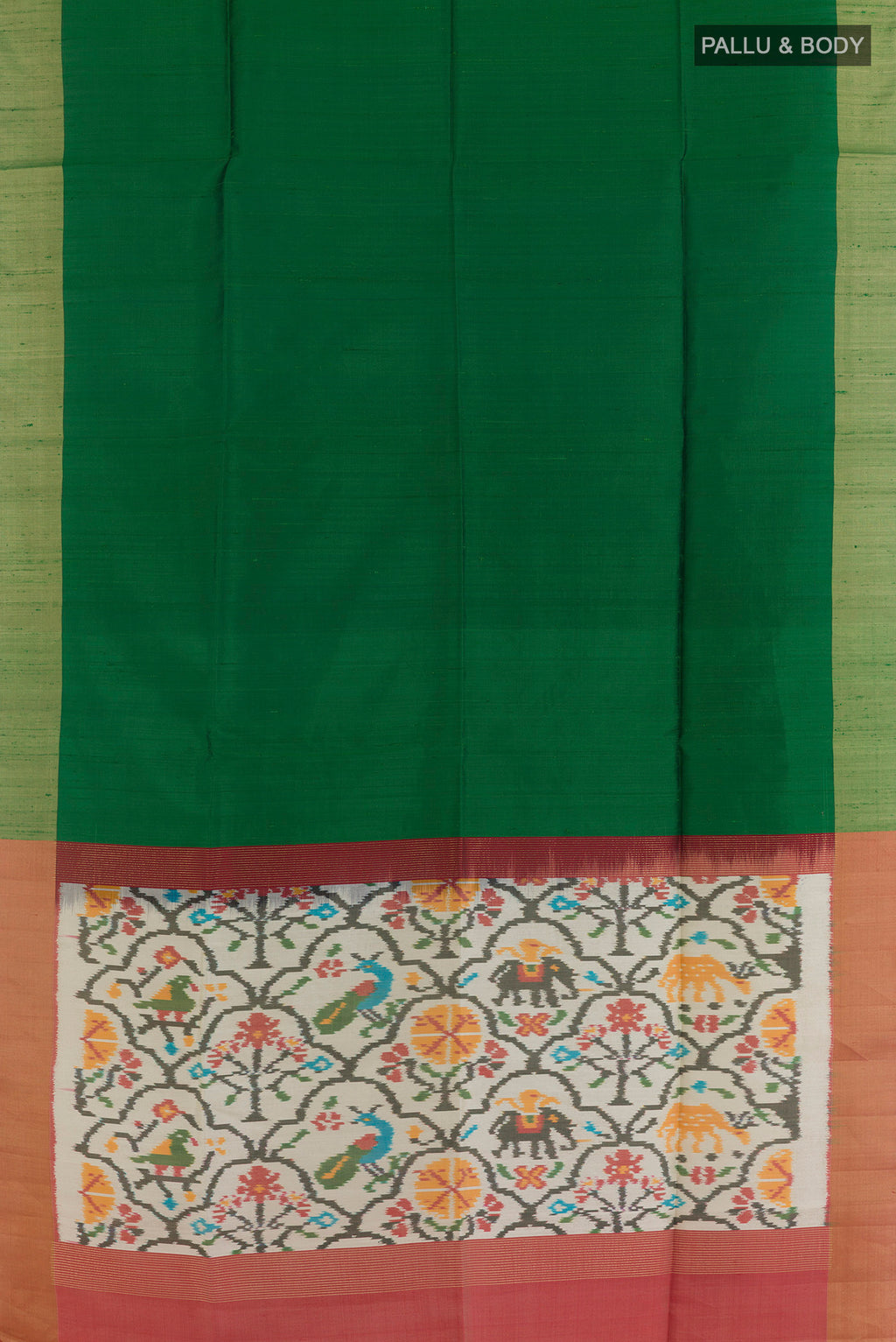 Flat view of Pure Silk Green Raw Saree with Plain Body and Zari Border. 