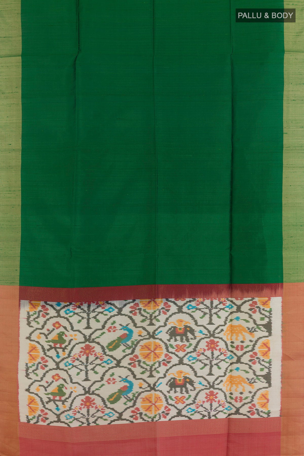 Flat view of Pure Silk Green Raw Saree with Plain Body and Zari Border. 