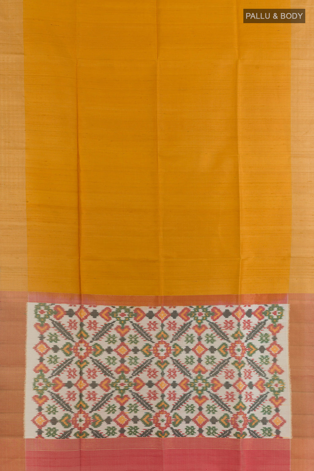 Flat view of Pure Silk Mustard Raw Saree with Plain Body and Zari Border. 