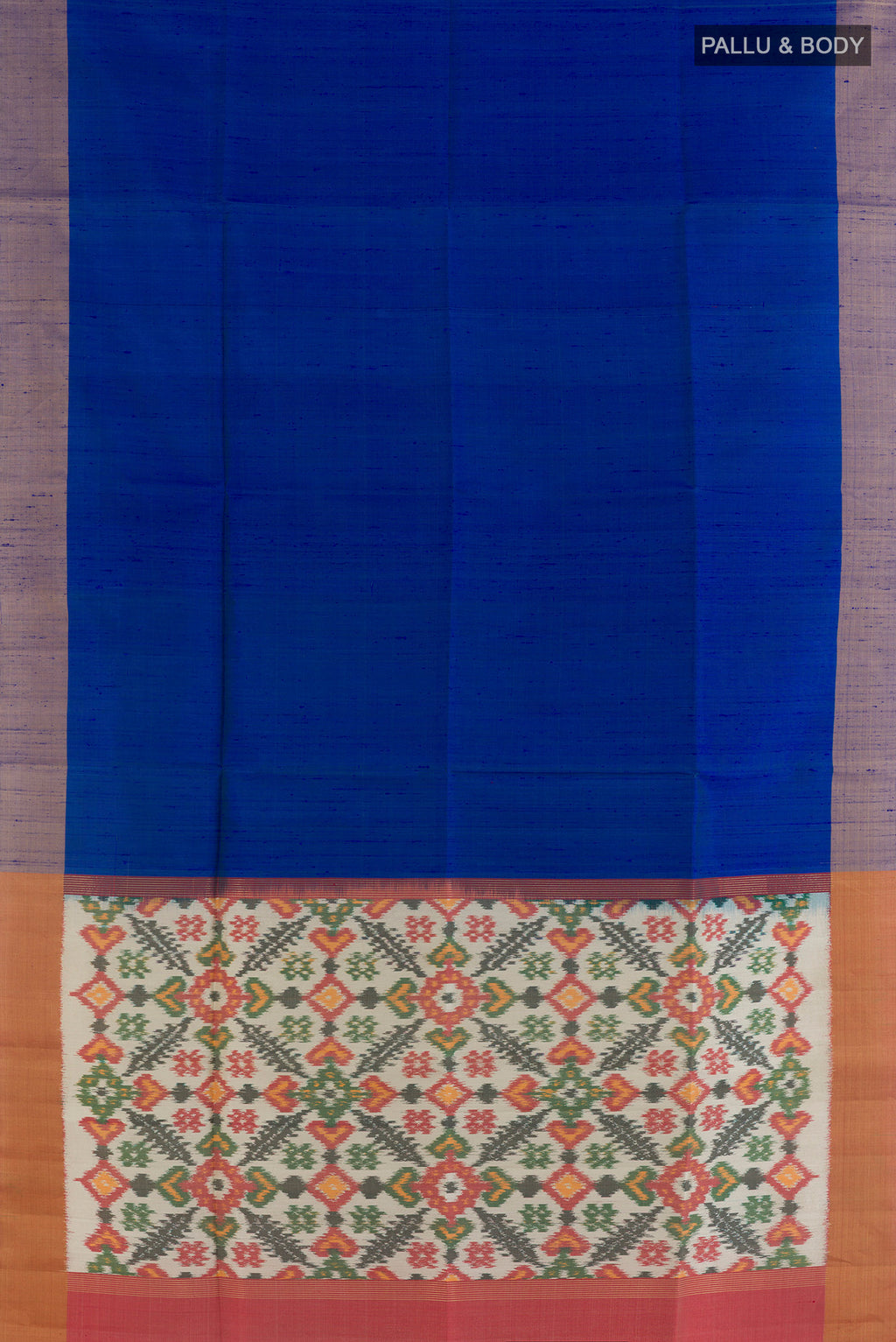 Flat view of Pure Silk Blue Raw Saree with Plain Body and Zari Border. 