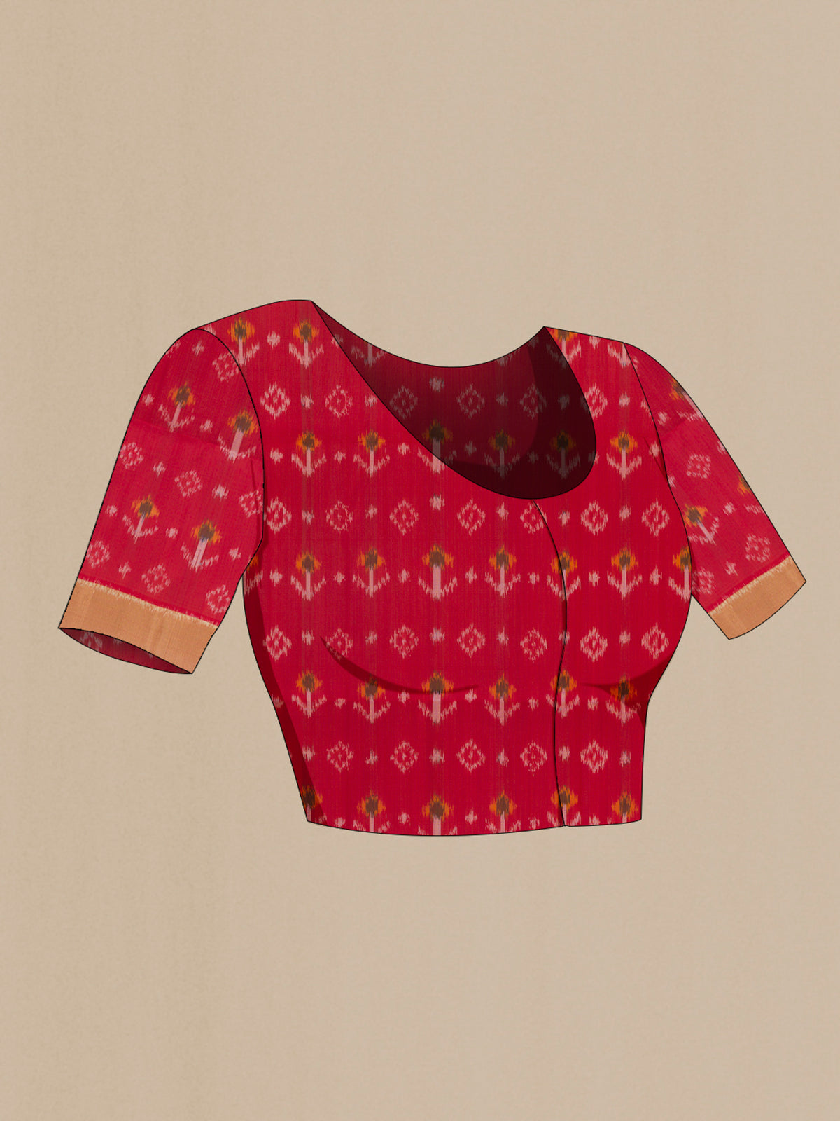Close up image of the blouse of Pure Silk Sandal Raw Saree with Plain Body and Zari Border. 
