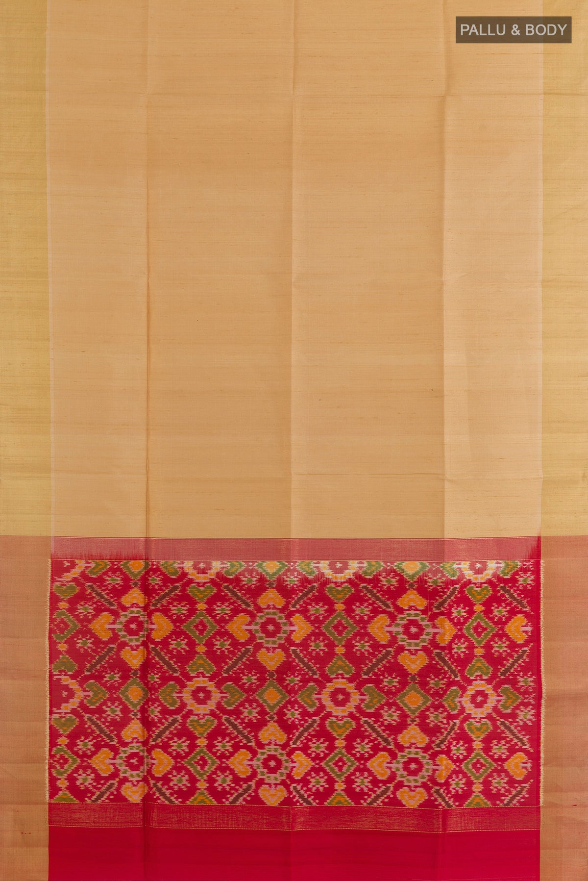 Flat view of Pure Silk Sandal Raw Saree with Plain Body and Zari Border. 