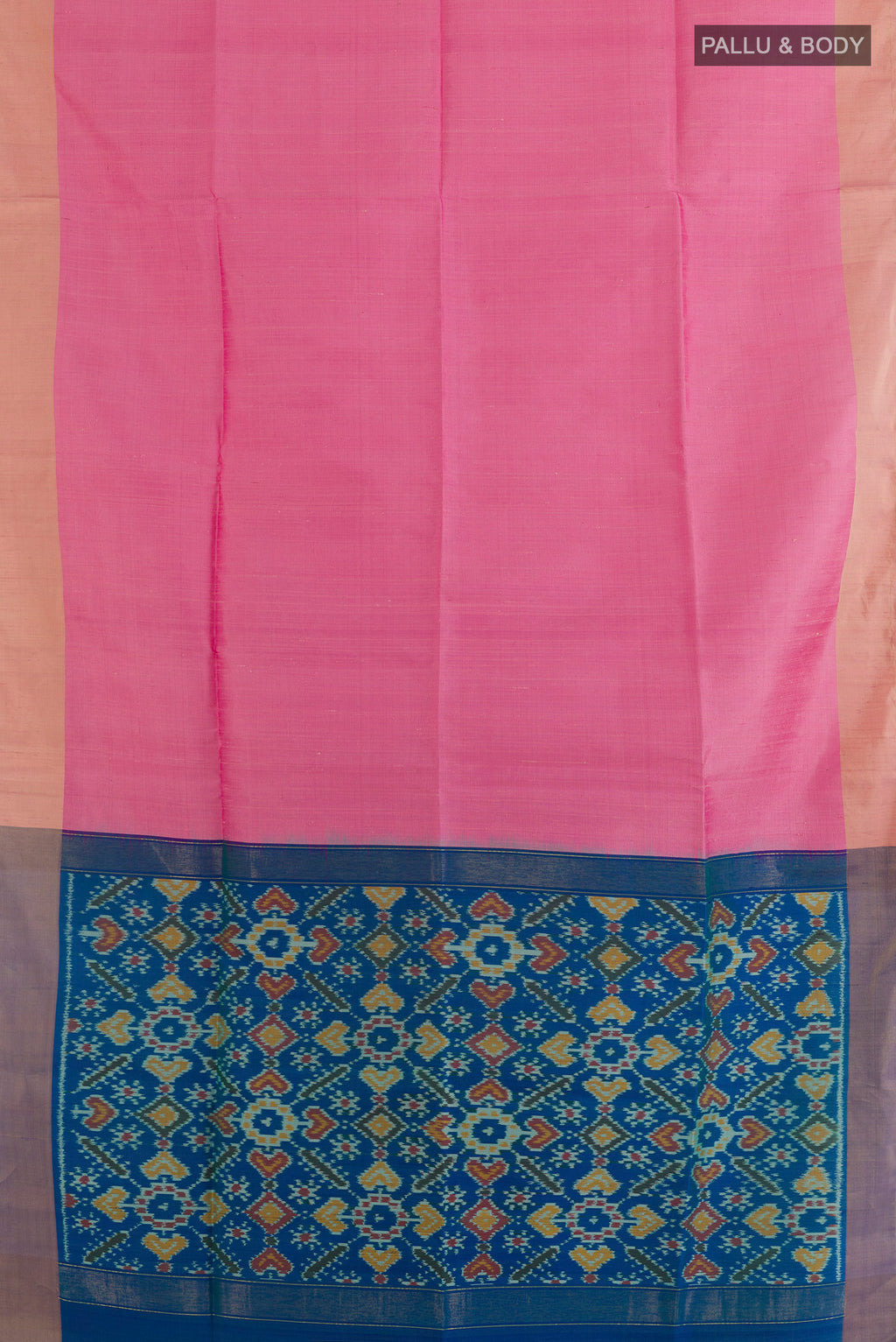 Flat view of Pure Silk Pink Raw Saree with Plain Body and Zari Border. 