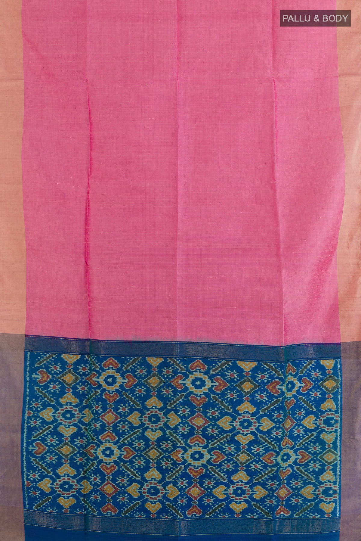 Flat view of Pure Silk Pink Raw Saree with Plain Body and Zari Border. 
