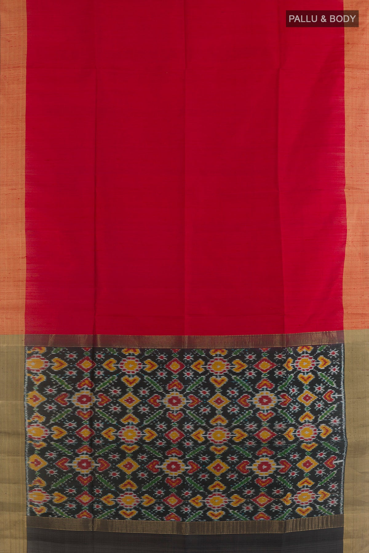 Flat view of Pure Silk Red Raw Saree with Zari Butta on the body and Zari Border. 