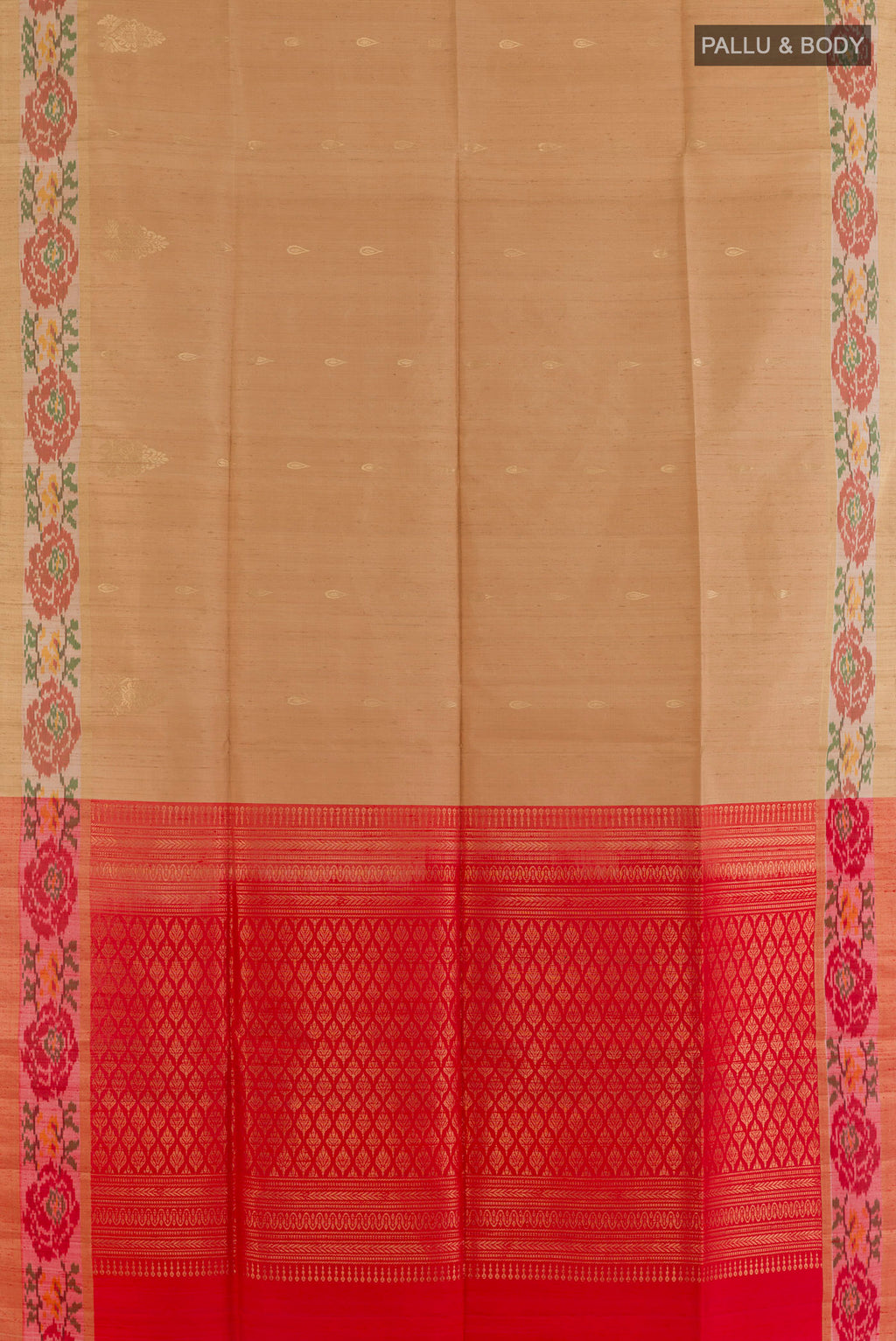 Flat view of Pure Silk Beige Raw Saree with Zari Butta on the body and Zari Border. 