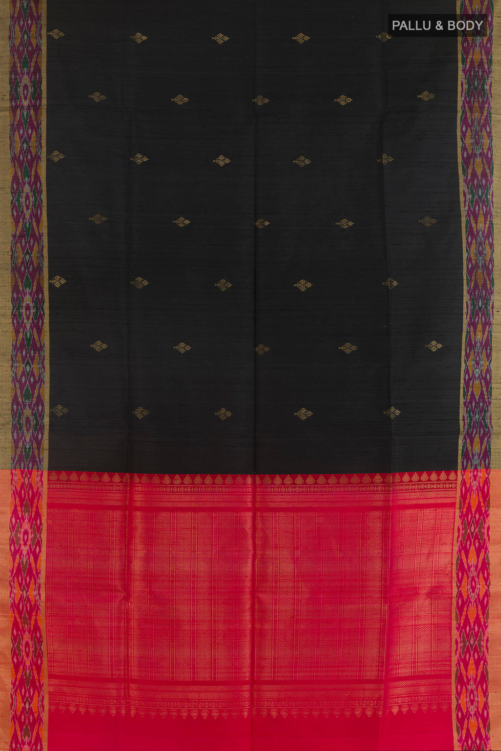 Flat view of Pure Silk Black Raw Saree with Zari Butta on the body and Ikat Border. 
