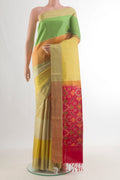 Pure Silk Multi Color Soft Saree with Checked design on the body and Zari Border.  displayed on a mannequin