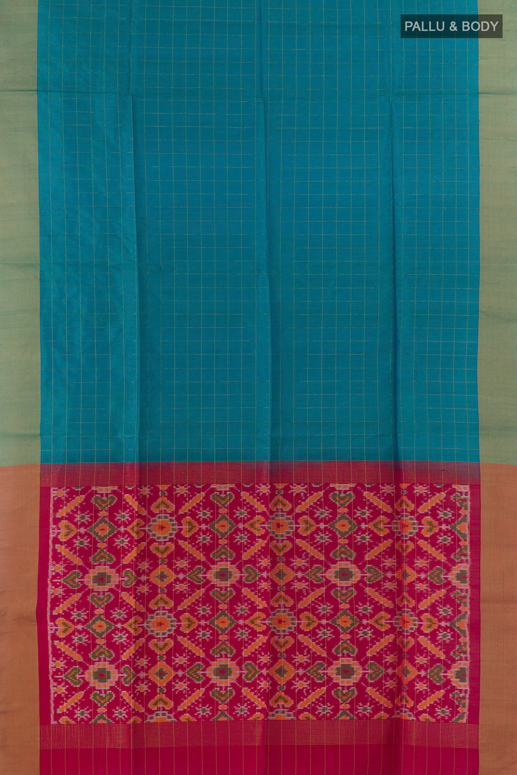 Flat view of Pure Silk Blue Soft Saree with Checked design on the body and Zari Border. 