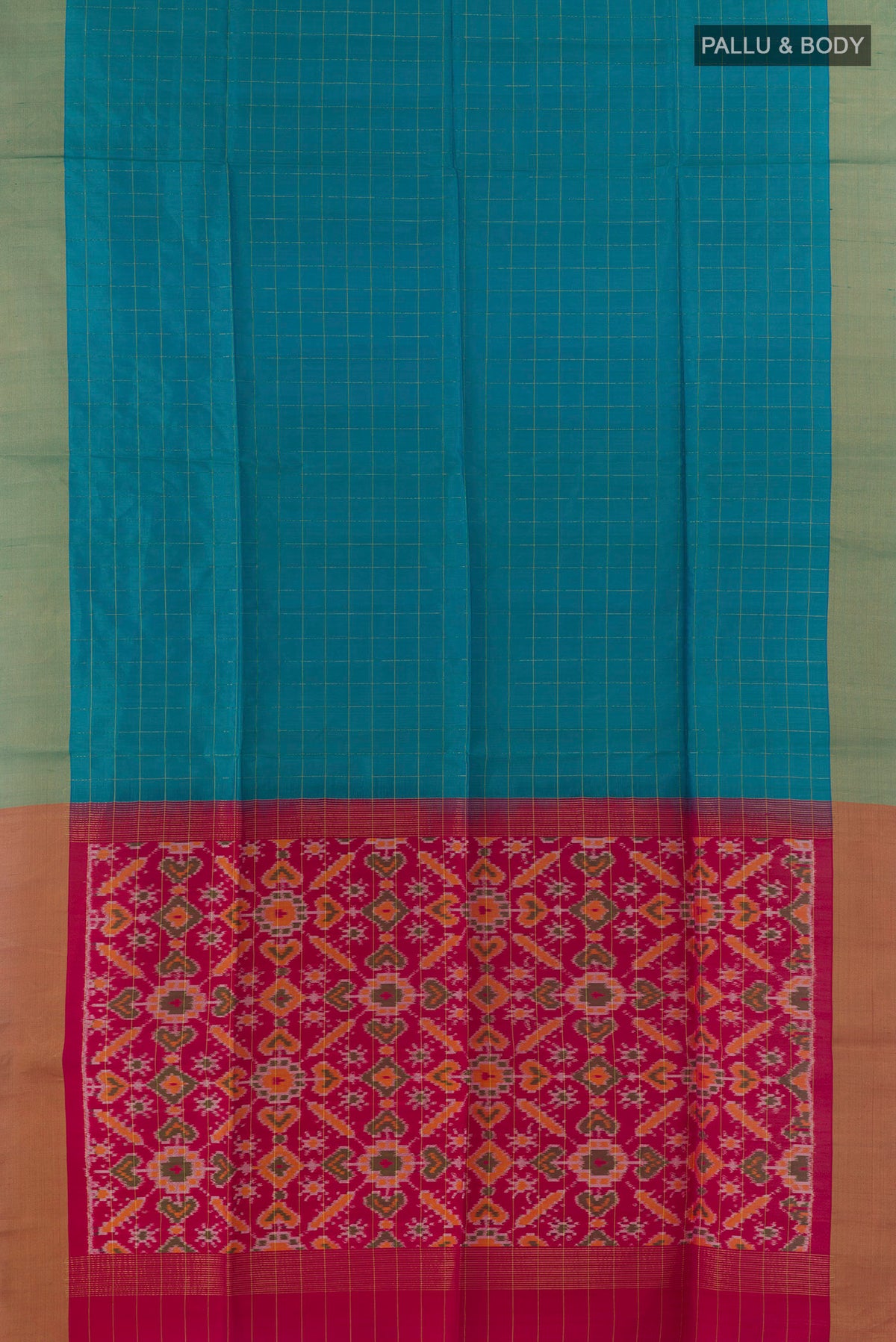 Flat view of Pure Silk Blue Soft Saree with Checked design on the body and Zari Border. 