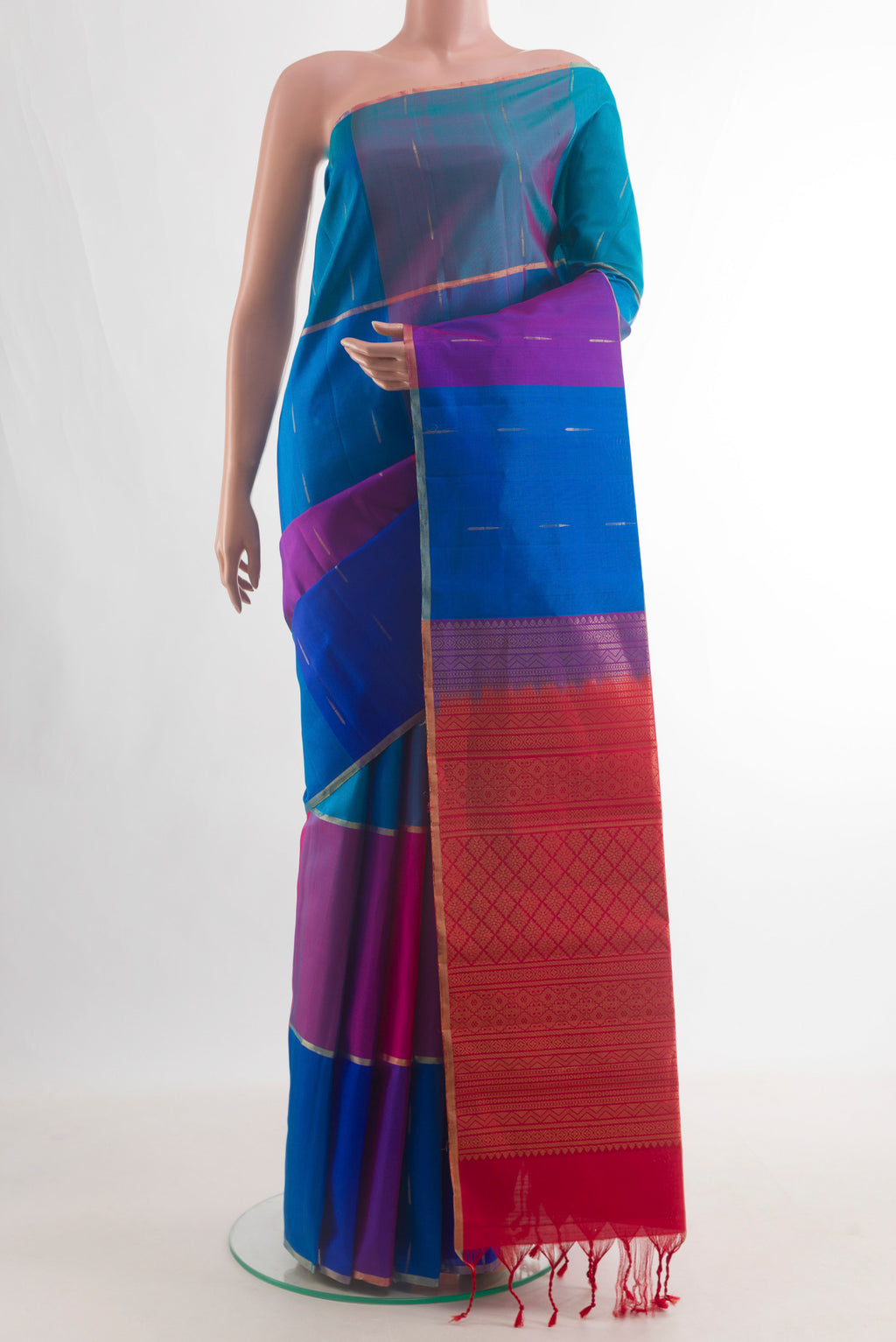 Pure Silk Multi Color Soft Saree with Stripes on the body and Zari Border.  displayed on a mannequin