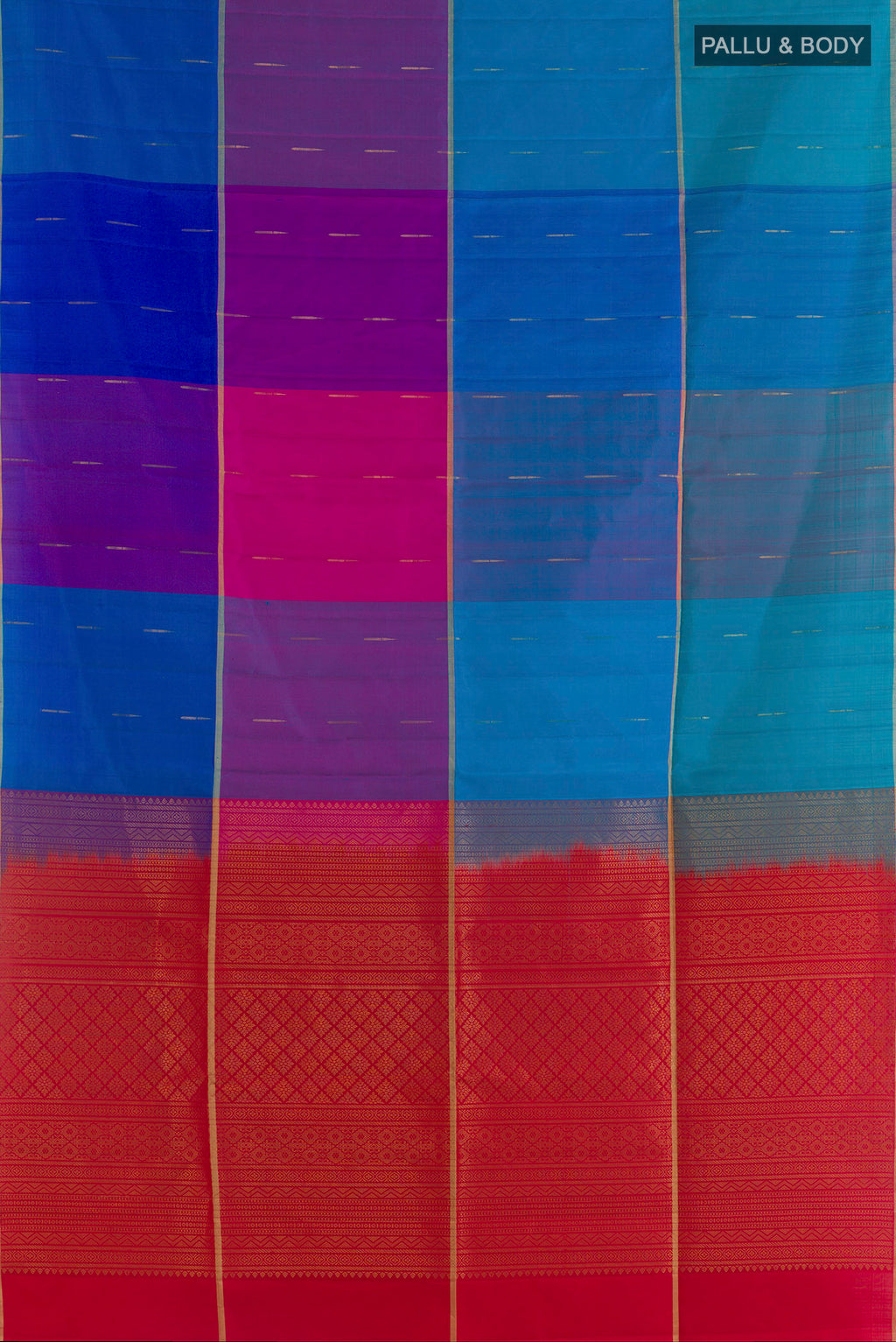 Flat view of Pure Silk Multi Color Soft Saree with Stripes on the body and Zari Border. 