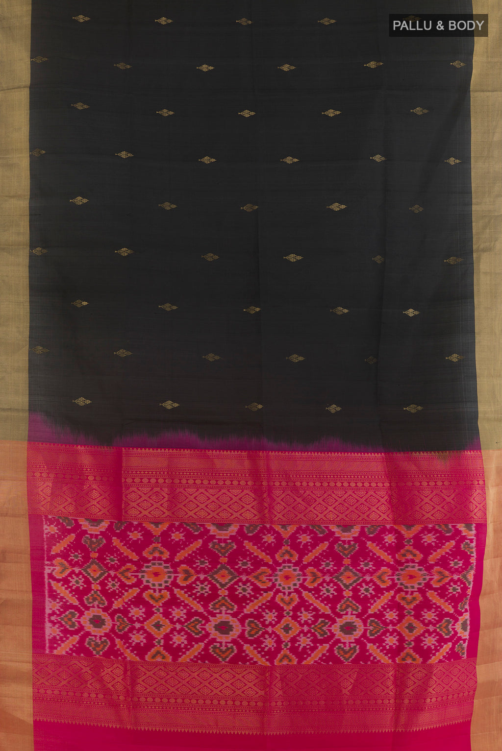 Flat view of Pure Silk Black Soft Saree with Zari Butta on the body and Zari Border. 