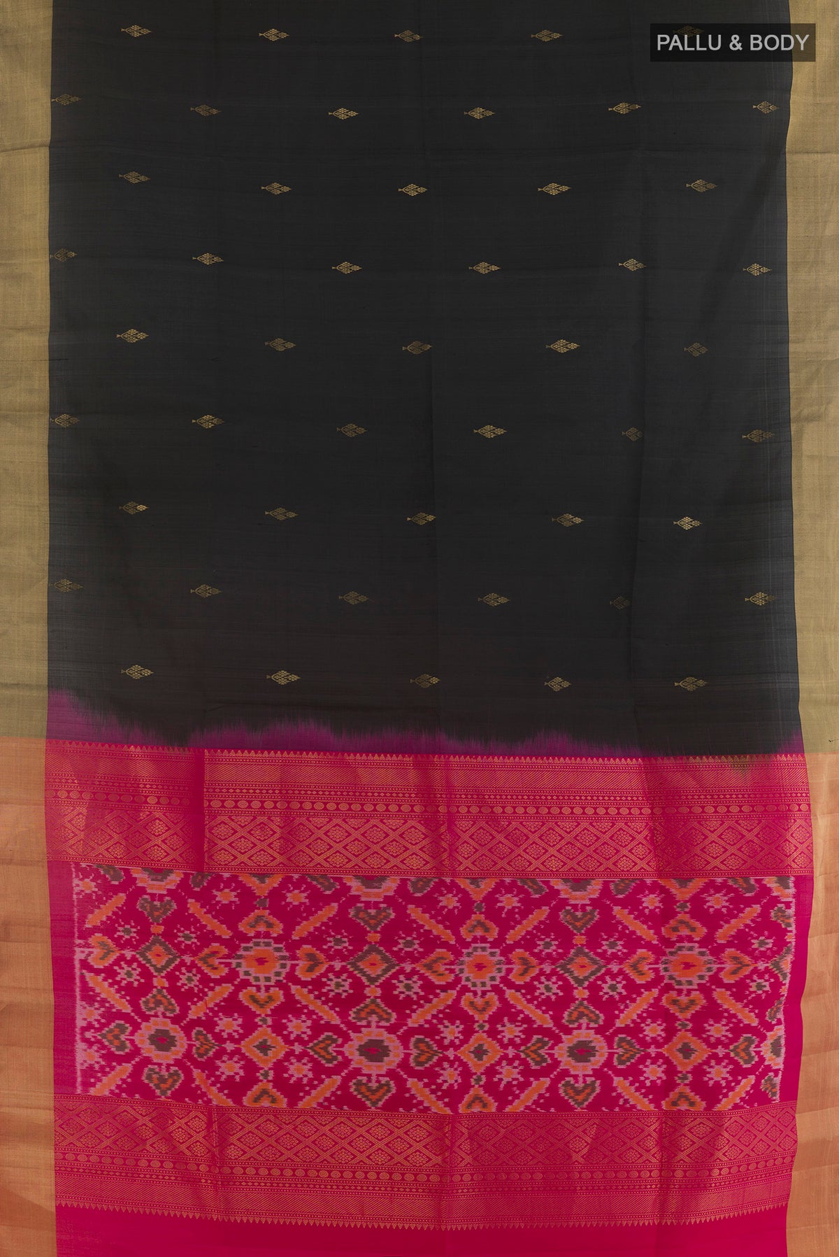 Flat view of Pure Silk Black Soft Saree with Zari Butta on the body and Zari Border. 