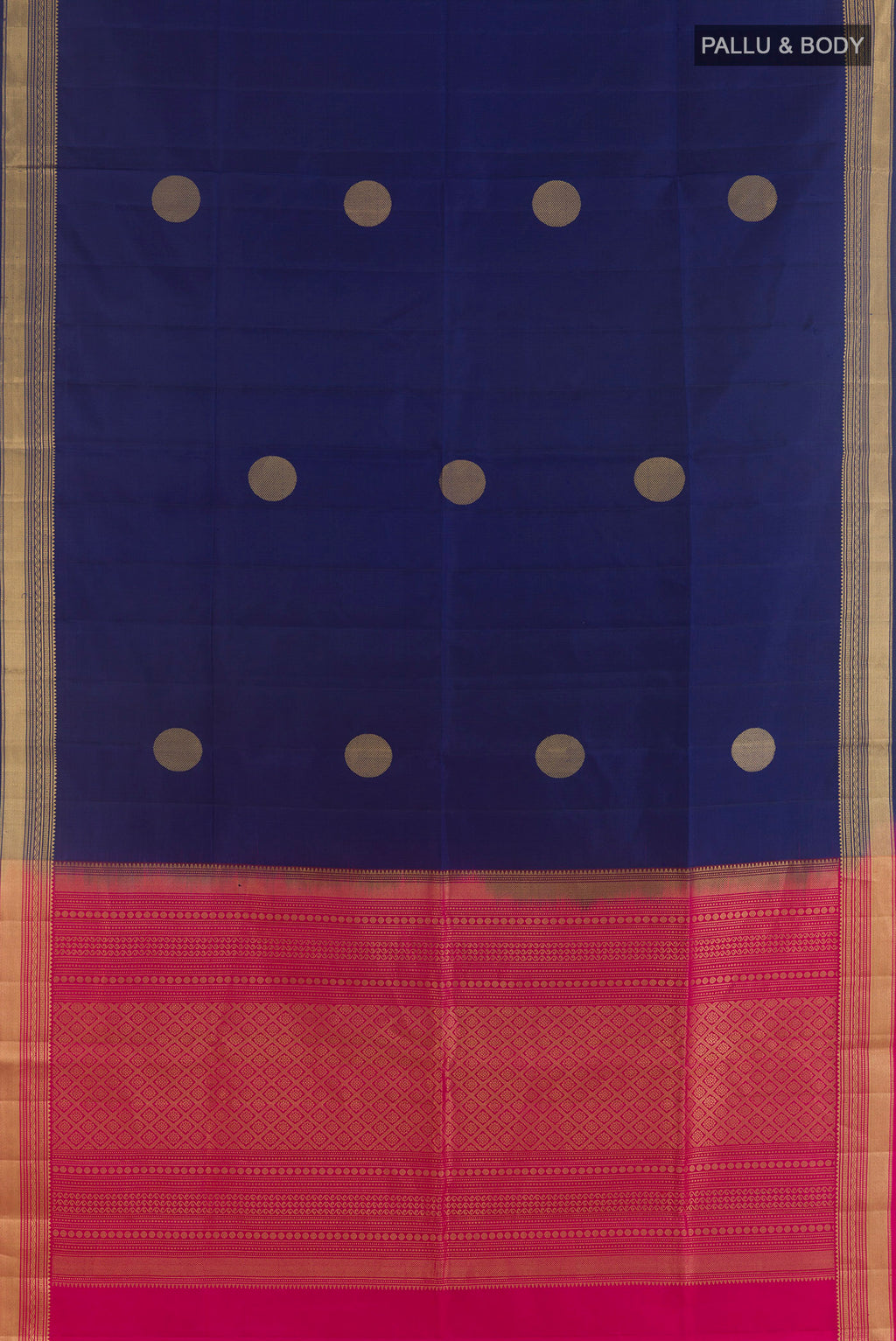 Flat view of Pure Silk Dark Blue Soft Saree with Zari Butta on the body and Zari Border. 