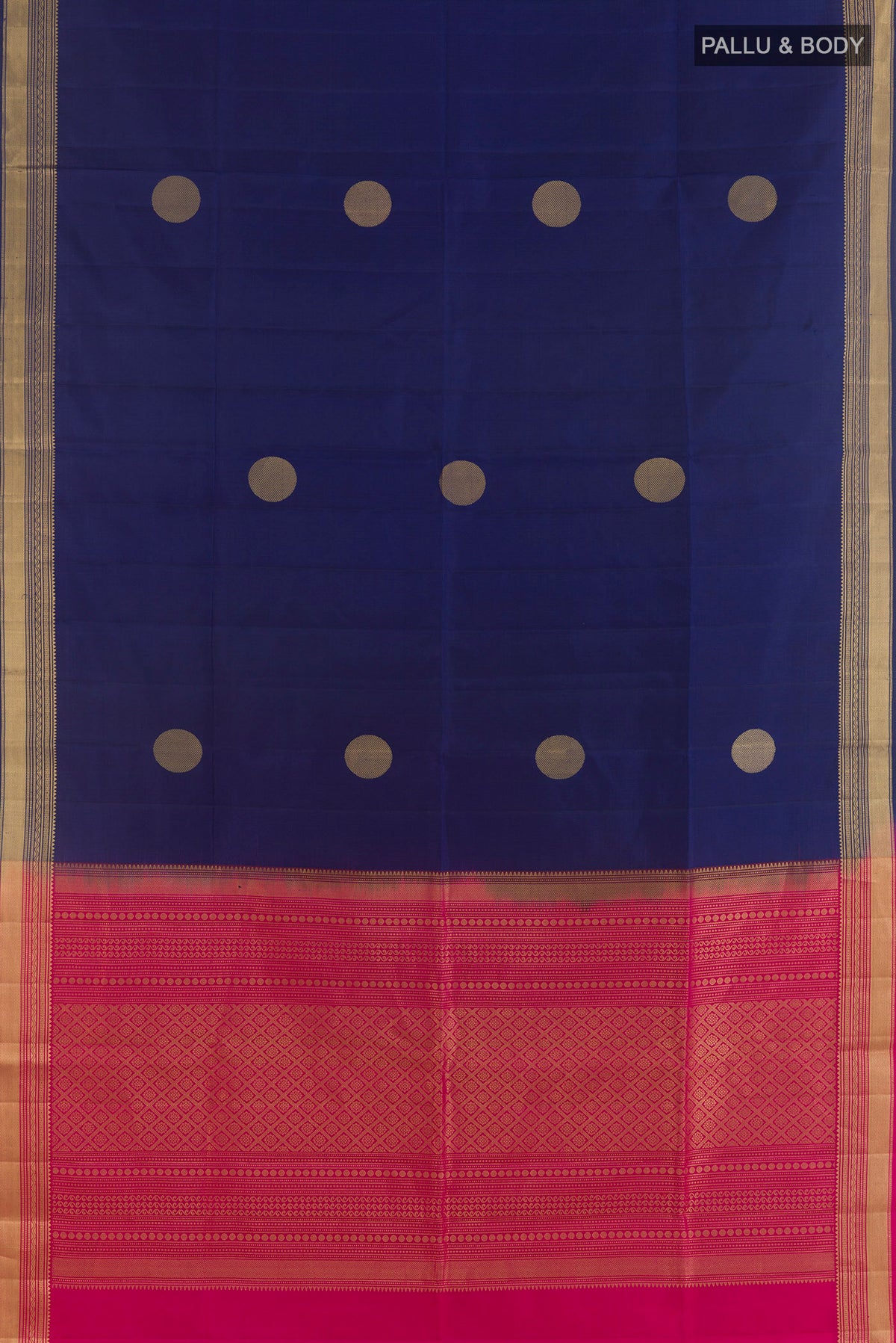 Flat view of Pure Silk Dark Blue Soft Saree with Zari Butta on the body and Zari Border. 